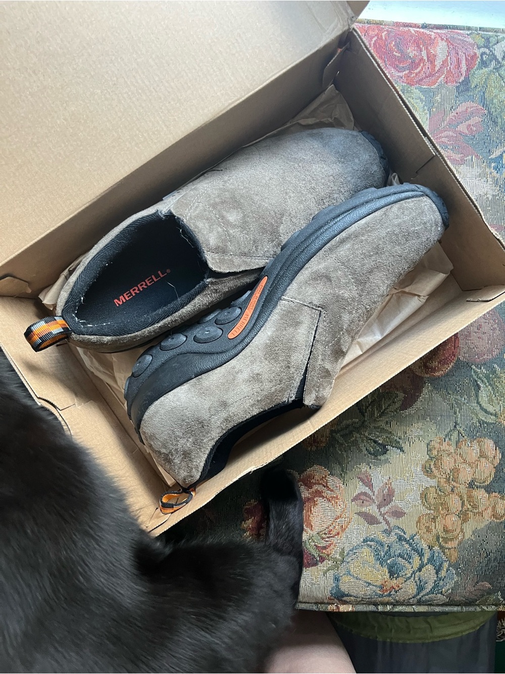 Merrell Taupe Suede Slip-On Clogs with Black Soles